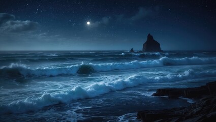Wall Mural - impressionist depiction of a dark, stormy ocean landscape under a starry night