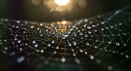 Dew Drops on Spiderweb in Sunlight - Photo