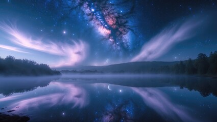 Wall Mural - a starry sky embodies the galaxy, universe, stars, and planets in an abstract nighttime dream settin