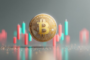 Poster - Futuristic Cryptocurrency Visualization Holographic Bitcoin Emblem with Dynamic Trading Volatility in Immersive Digital Finance Landscape