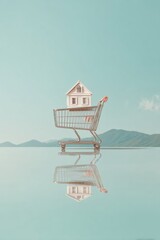 Poster - Minimalist Real Estate Dreams Surreal Housing Market Concept with Miniature Home in Shopping Cart - Affordable Property Accessibility and Modern Consumer Lifestyle