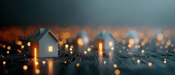Fototapete - Cyber Urban Symphony IoT Smart City Infrastructure Visualization with Luminescent Miniature Dwellings and Networked Digital Connectivity Landscapes