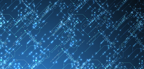 Poster - Digital circuit visualization vector background.  Blue board pattern with interconnected lines, nodes, and binary code.