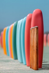 Poster - Minimalist Cricket Essentials Vibrant Surfboard-Inspired Wooden Stumps Showcasing Sports Dynamic Design Evolution and Creative Equipment Aesthetics