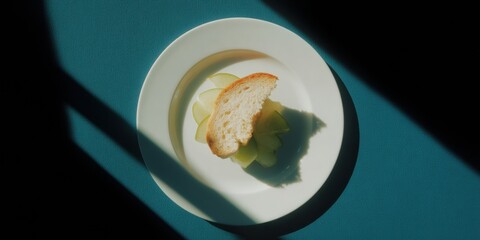 Leinwandbilder - Minimalist Food Styling Avant-Garde Culinary Composition with Bread Slice, Soft Lighting, and Moody Contemporary Gastronomy Aesthetic for Creative Dining Inspiration