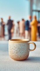 Poster - Crafted Connection Artisan Ceramic Mingle Mug in Soft-Focus Professional Networking Space - Collaborative Workspace Wellness and Modern Interaction Metaphor
