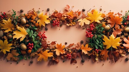 Wall Mural - light background flat lay with leaves, providing space for text