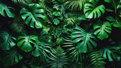 Wall Mural - intimate view of palm and monstera leaves alongside fern foliage. flat lay, dark botanical concept.