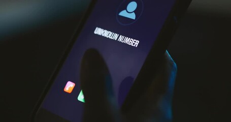 Aufkleber - Hands, person or answer incoming call on phone screen with unknown number, stranger or anonymous caller. Night, smartphone connection and contact with private id for phishing scam, networking or spam