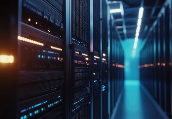 Fototapete - Close-up perspective of data center servers glowing with blue and amber lights in a futuristic corridor, ideal for illustrating cloud infrastructure, digital systems, or cybersecurity environments