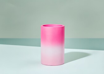 Wall Mural - Minimal pink gradient cylindrical vase on soft pastel surface with clean background and artistic lighting. Ideal for modern decor mockup, branding, or product design. Elegant, sleek, and eye-catching.