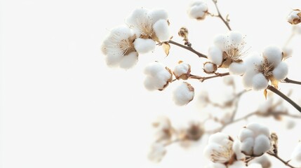 Delicate Cotton Blossom Surrounded by Green Branches on a Pure White Canvas