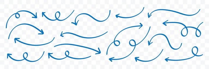 Curved arrow icons set. Set of simple of hand drawn blue arrows. Collection of pointers. 