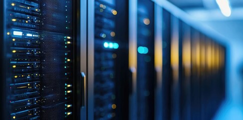 Fototapete - Close-up of modern server hardware with illuminated indicator lights and blurred corridor background, ideal for visualizing data storage, cloud networks, or digital security infrastructure