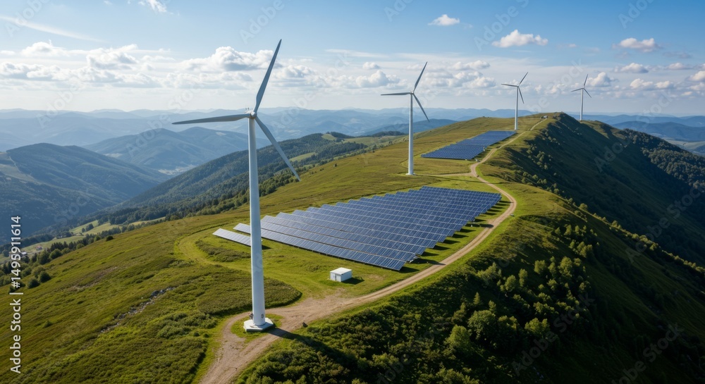 Renewable energy landscape with wind turbines and solar panels in ...