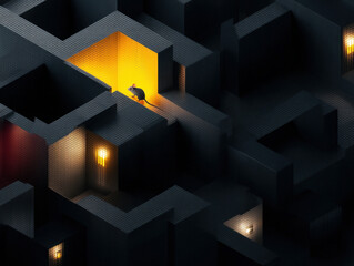 Wall Mural - laboratory maze with a rat navigating through tunnels