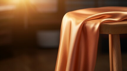 Poster - Soft golden silk cascades gracefully over a wooden chair, capturing the warm sunlight that highlights its fluid texture and luminous sheen