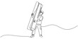 © Line emotion - Carpenter carrying stack of wooden boards in continuous one line drawing. construction worker single line art illustration. Editable vector, Single one line drawing male carpenter in uniform carrying