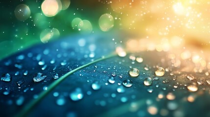 Aufkleber - Vibrant tropical leaves glow under blue and green light, adorned with glistening water droplets that enhance the surreal beauty of nature in a close-up view