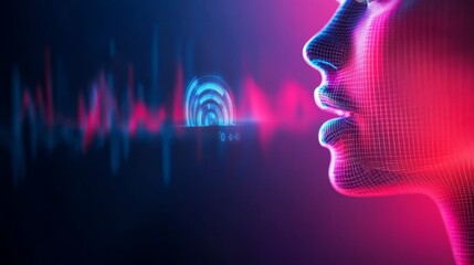Close-up of a chrome AI avatar producing soundwave vibrations, accompanied by a holographic NLP symbol against a vibrant gradient tech background