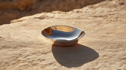 Fototapete - Silver liquid arcs gracefully in mid-air above a soft, matte surface. Sunlight highlights its metallic sheen, creating an abstract moment of movement outdoors