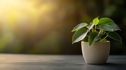 Poster - Vibrant green houseplant in a minimalist ceramic pot rests on a surface, softly illuminated which enhances the delicate details of the leaves