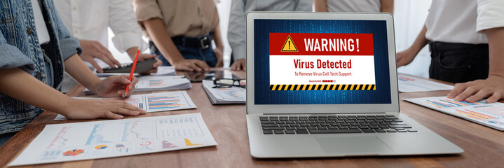 Leinwandbilder - Virus warning alert on computer screen detected brisk cyber threat , hacker, computer virus and malware