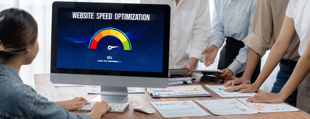 Fototapete - Computer software evaluating website loading speed. Concept of improving website loading speed brisk.