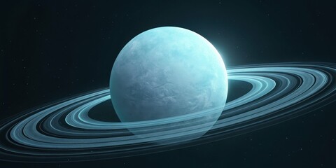 a digital rendering of a blue planet with prominent rings against a dark background