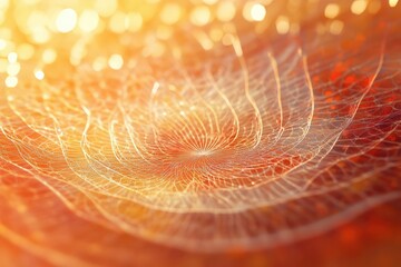 Intricate web-like structure, glowing orange and gold, bokeh background, abstract art.