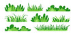 © Sylfida - Cartoon grass bush, tuft leaf and plant, meadow and park, green lawn, outdoor garden or forest tree icon isolated on white bg. Simple nature border. Cute foliage doodle fence set. Vector illustration