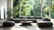 © Lasvu - Light living room with grey sofas, coffee table, and large window interior