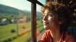 © katyae - Curious traveler enjoys beautiful scenery while on a scenic train journey through lush green landscapes and distant hills Generative AI