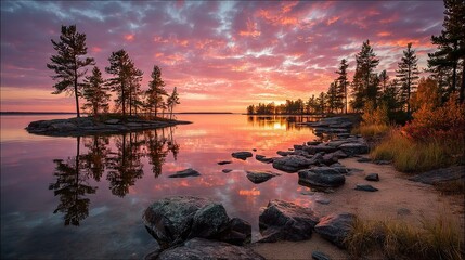 Wall Mural - a stunning sunset over a serene lake, framed by rocky shores on one side and lush forests on the oth