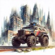 © vector_master - Watercolor MRAP in Ruined City. AI generated illustration