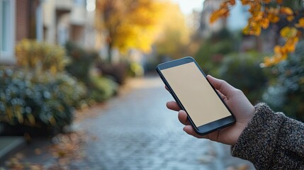 Hand holding smartphone with blank screen mockup, cutout, ideal for app or website design.