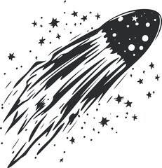 Wall Mural - black and white illustration of a comet flying through space with a bright starry trail behind it.