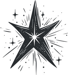 Wall Mural - black and white illustration of a radiant five-pointed star with sparkles and light bursts around it