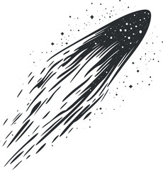 Wall Mural - black and white illustration of a comet or meteor with a bright trail and stars in the background