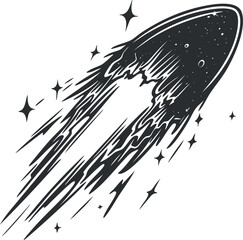 Wall Mural - black and white vector illustration of a comet moving fast through space surrounded by stars