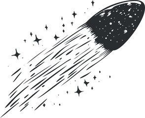 Wall Mural - black and white illustration of a meteor or shooting star with a glowing trail and sparkling stars i