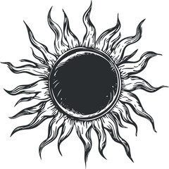 Wall Mural - black and white hand-drawn sun with stylized rays symbolizing solar energy and warmth