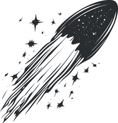 Wall Mural - black and white illustration of a comet with stars and a long glowing trail in outer space
