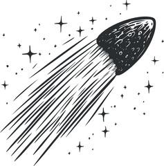Wall Mural - black and white illustration of a comet with a bright tail moving through a starry night sky