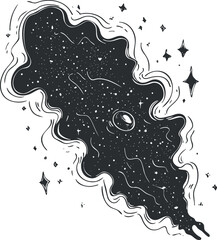 Wall Mural - black and white illustration of a cosmic space with stars and a swirling galaxy shape