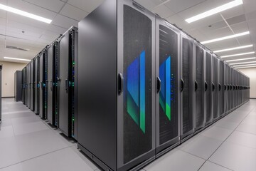  A row of modern data center servers, showcasing advanced technology and efficient infrastructure.