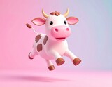 Śmieszna, skacząca krowa 3D na różowym tle