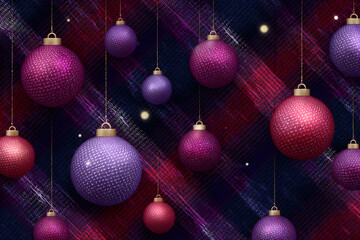 Wall Mural - Tartan cloth background with christmas ball decorations. Purple and pink colors.