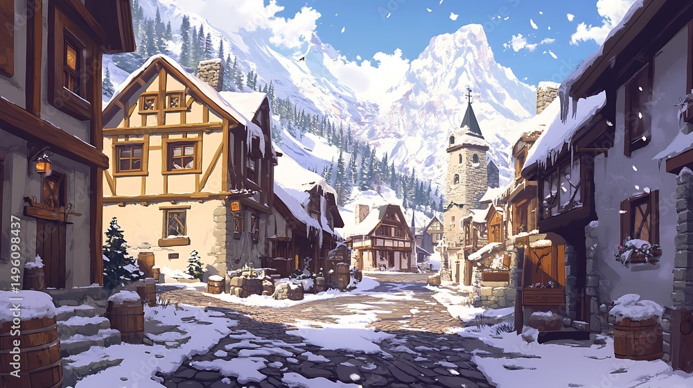 Snowy Alpine Village Street Scene. Stock Photo | Adobe Stock