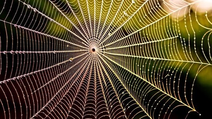 Delicate spiderweb glistening with morning dew, creating intricate patterns in a natural environment with detailed texture and blurred background.
